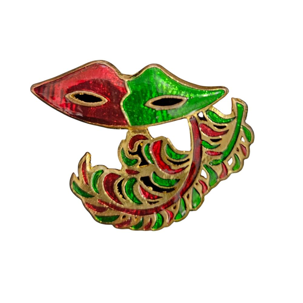 Mardi Gras Masquerade Mask Brooch Red Green Enamel Gold Tone Feather Pin